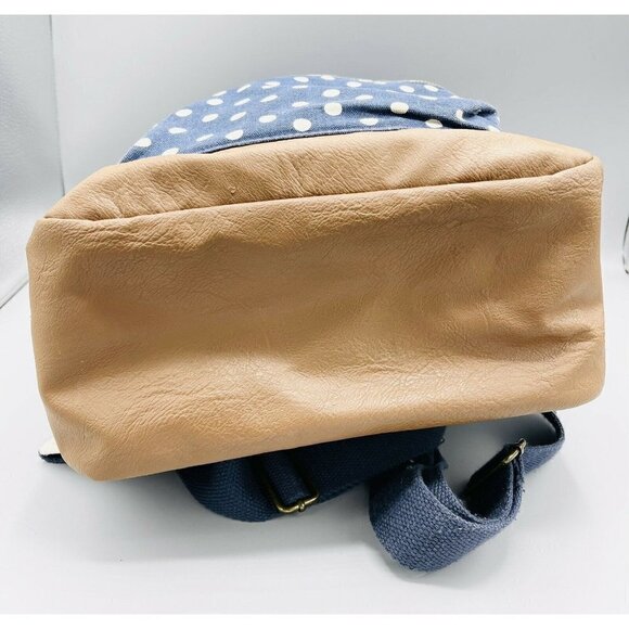 Navy Blue w White Polka Dots Backpack Cream Sparkle Trim Brown Faux Leather - Picture 5 of 9